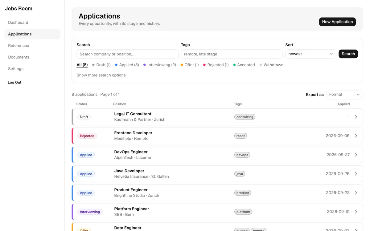 Job application list in Jobs Room, with stage badges, tags, and applied dates